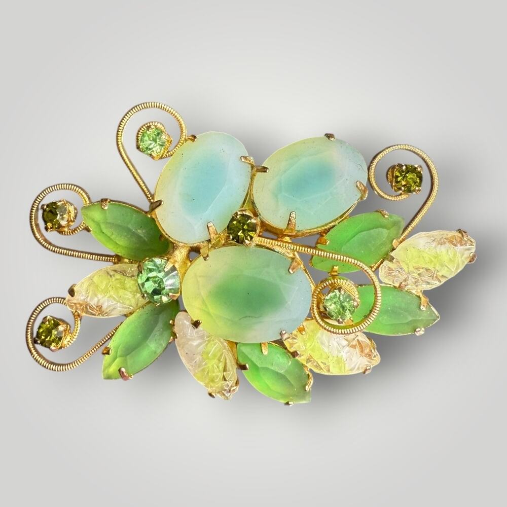 Vintage Juliana Brooch Green Cabochons Rhinestones